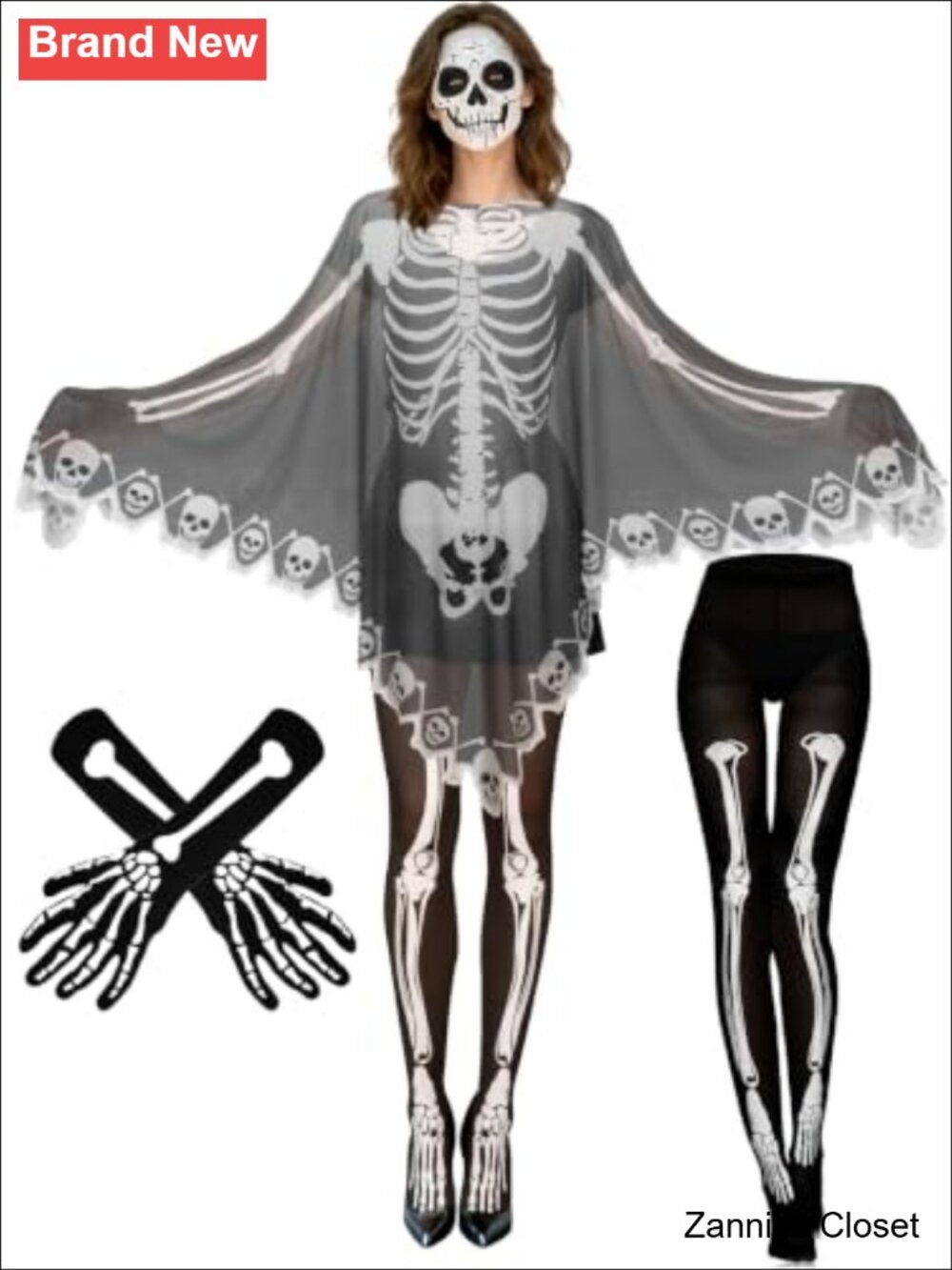 👻 Women's 3Pc Skeleton Halloween Costume Set Cape Gloves Stockings